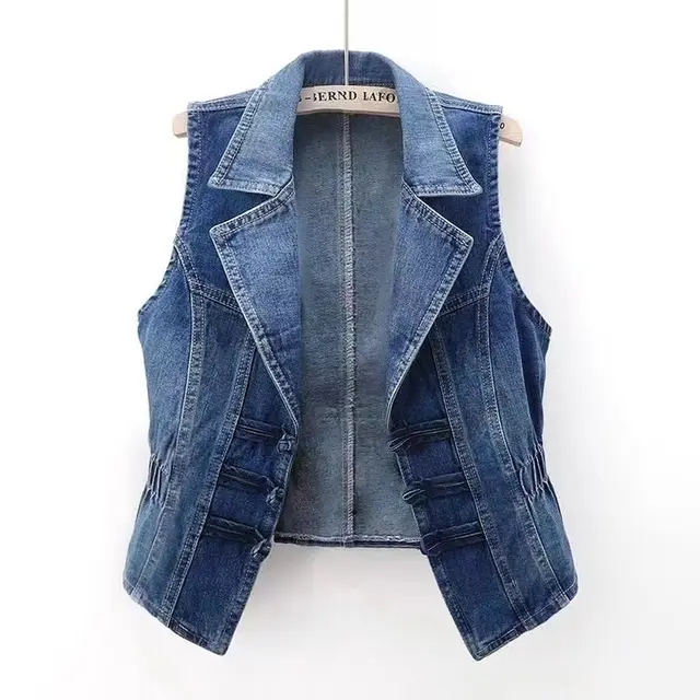National Style Buckle Slim Suit Collar Denim Vest Denim Blue - Shop at LoveMi
