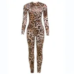 Round Neck Long Sleeve Contrast Color Animal Leopard Color Tight Jumpsuit - Leopard