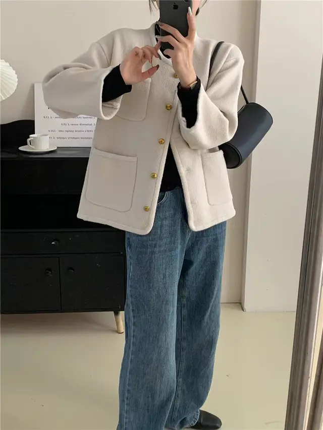 Women's Loose And Idle Round Neck Solid Color Top Coat Beige - Shop at LoveMi