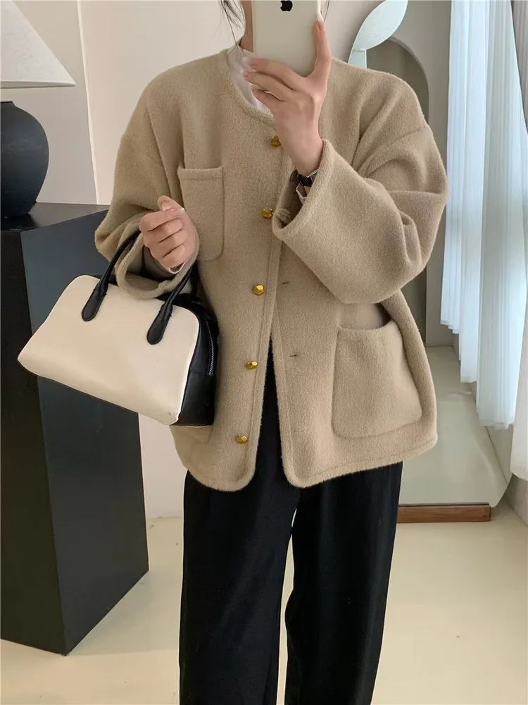Women's Loose And Idle Round Neck Solid Color Top Coat - Camel