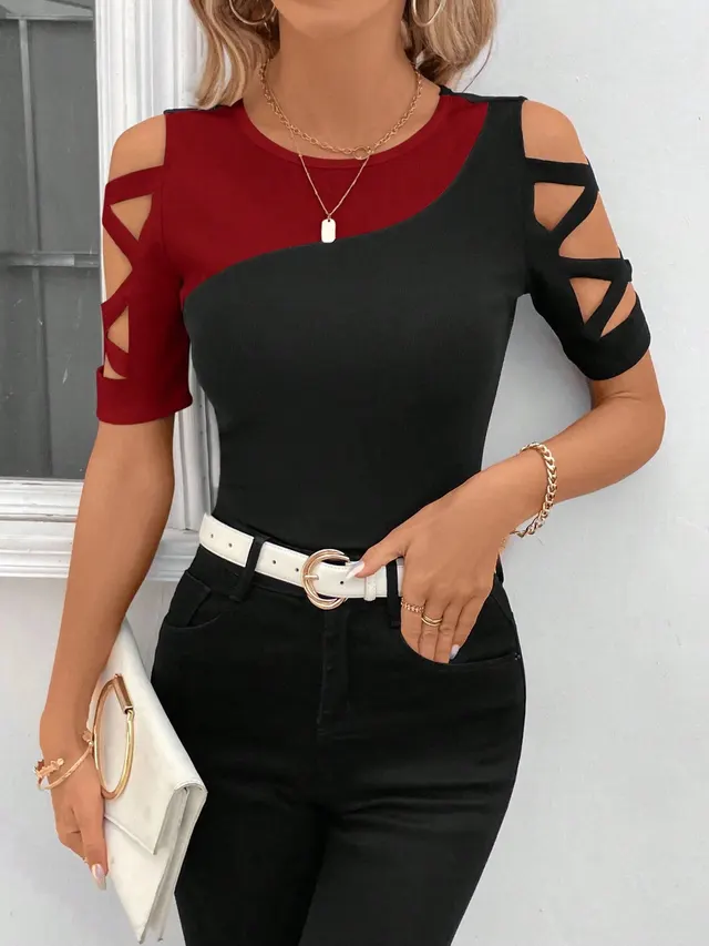 Color Matching Cross Off the shoulder Slim Top For Women Red And Black Combo - Shop at LoveMi