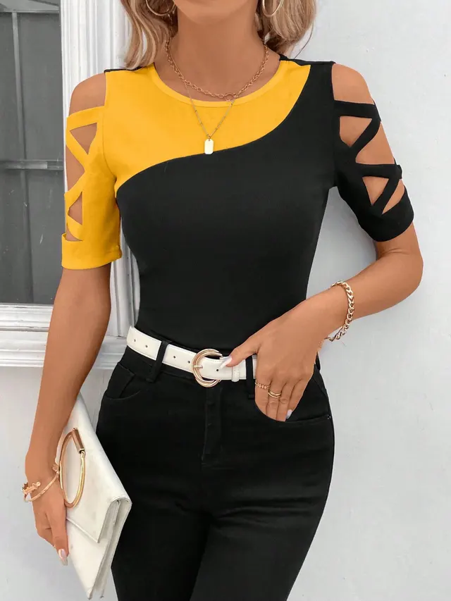 Color Matching Cross Off the shoulder Slim Top For Women Yellow Matched With Black - Shop at LoveMi
