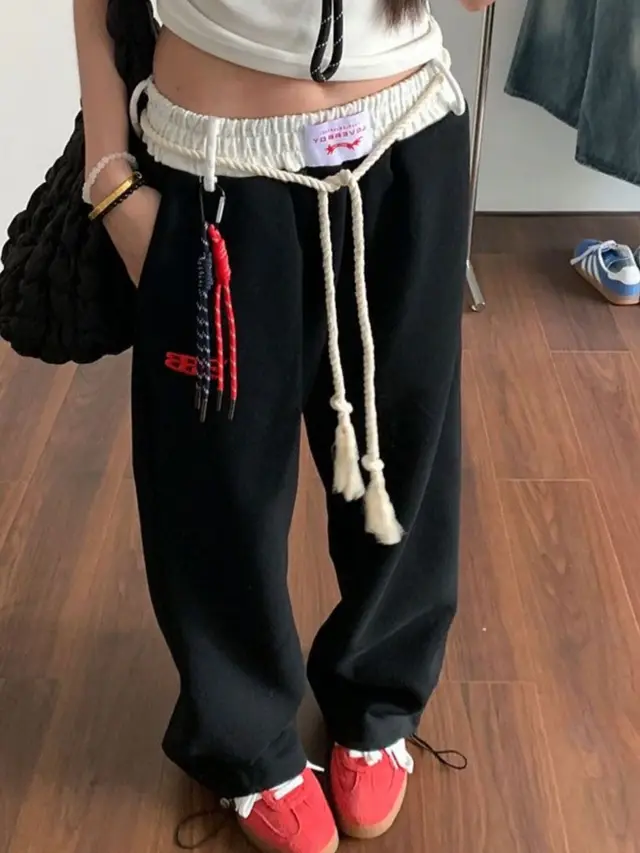 Retro Casual Pants Sweatpants For Women Autumn And Winter Black Plus Velvet - Shop at LoveMi
