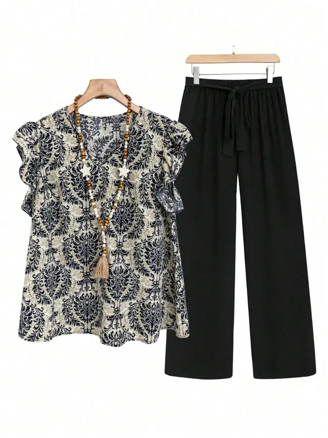 Loose Ruffled Sleeves Printed T shirt Suit Black - Shop at LoveMi