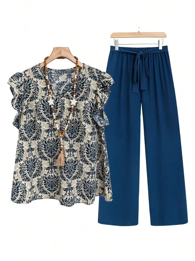 Loose Ruffled Sleeves Printed T shirt Suit Blue - Shop at LoveMi
