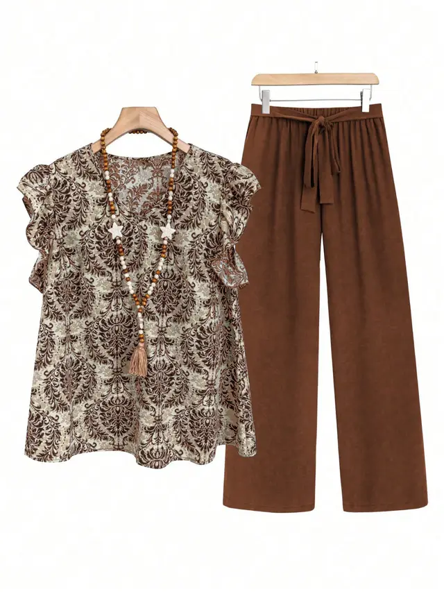 Loose Ruffled Sleeves Printed T shirt Suit Dark Brown - Shop at LoveMi