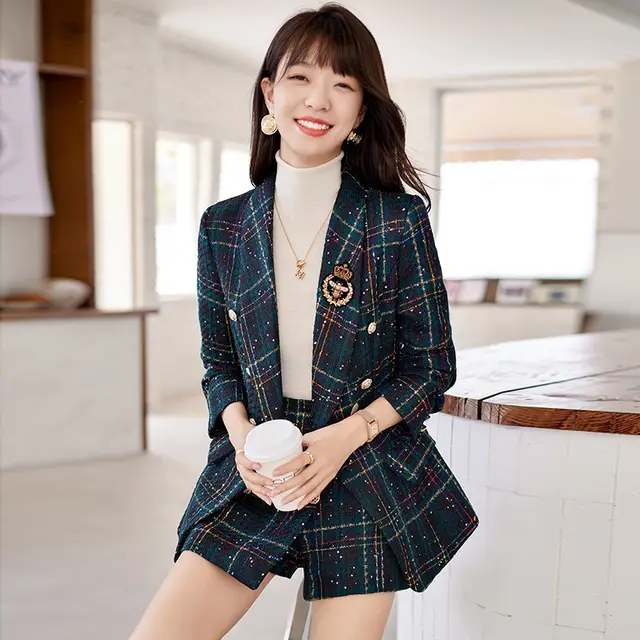 Women's Tweed Preppy Style Suit Skirt Green Coat - Shop at LoveMi