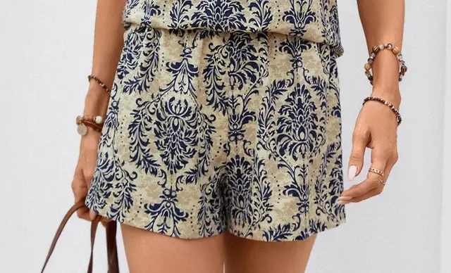 Loose Printed Casual Suit V neck Short Sleeve Top Elastic Waist Shorts Pants - Shop at LoveMi