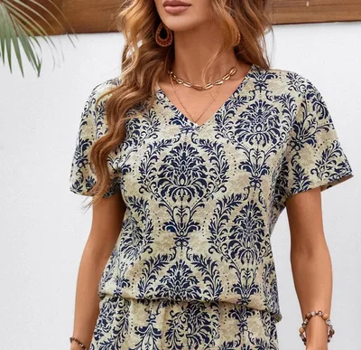 Loose Printed Casual Suit V neck Short Sleeve Top Elastic Waist Shorts Top - Shop at LoveMi