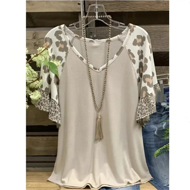 Waffle V neck Leopard Print Stitching Casual Half Sleeve T shirt Top Khaki - Shop at LoveMi