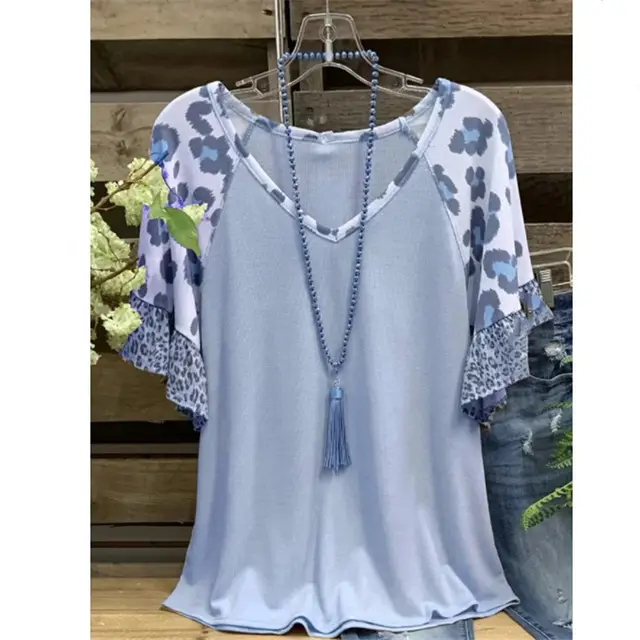 Waffle V neck Leopard Print Stitching Casual Half Sleeve T shirt Top Light Blue - Shop at LoveMi