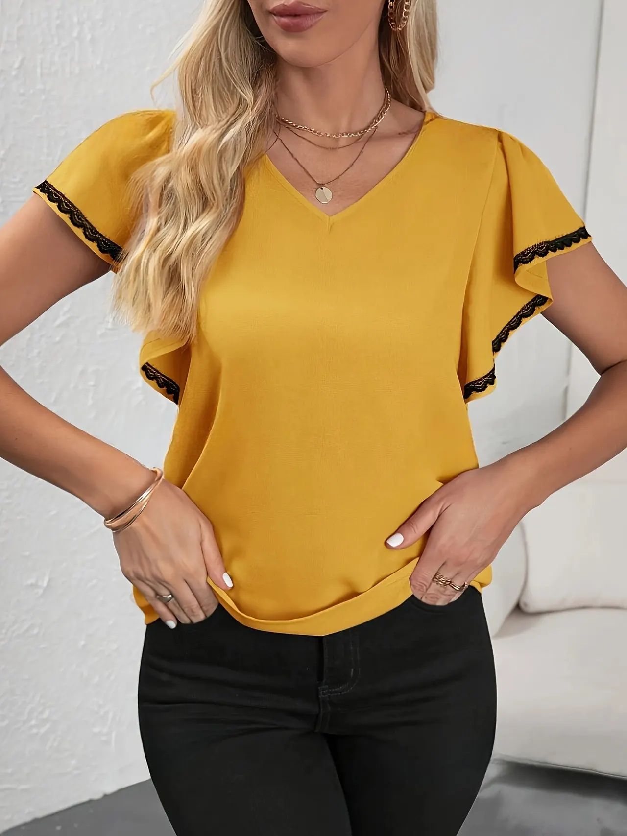 Women's Fashion Ruffle Sleeve Solid Color And V-neck T-shirt - Orange