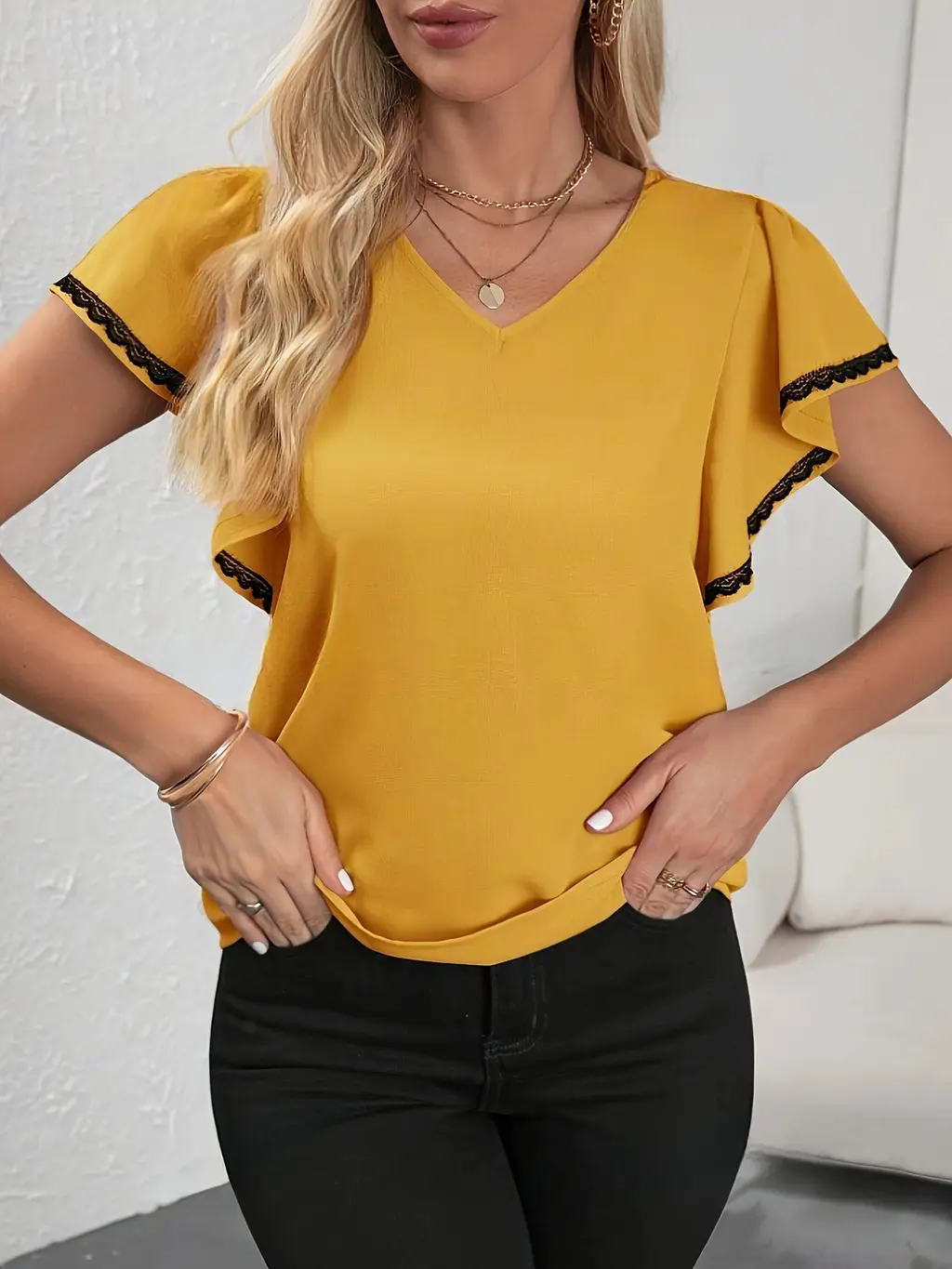 Women's Fashion Ruffle Sleeve Solid Colour And V-neck T-shirt - Orange - View 1