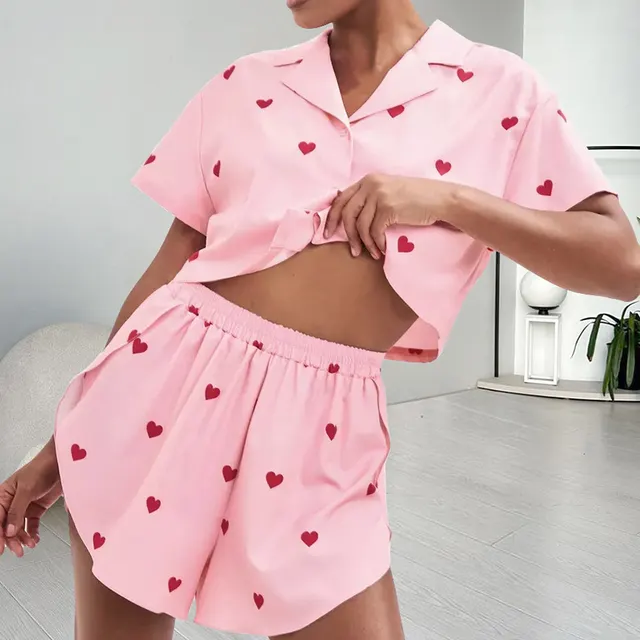 Women's Silk like Heart Printing Pajamas Two piece Set Pink - Shop at LoveMi