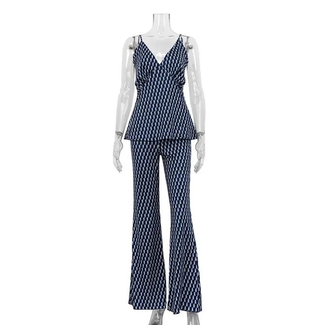 Sleeveless V neck Strap Top Wide Leg Pants Two piece Set Blue - Shop at LoveMi