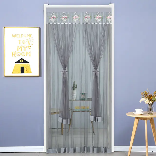 Punch free Mosquito proof Curtain Fabric Mesh Curtains Bedroom Lace Partition Four Seasons Household Flower Blue Gray - Shop at LoveMi