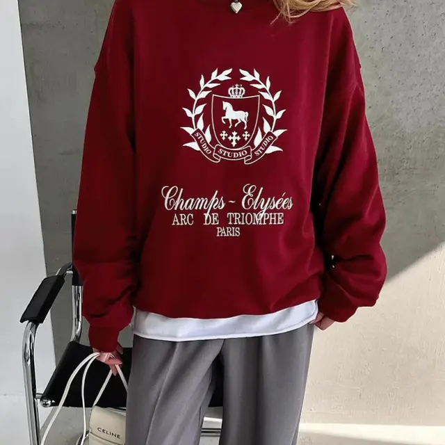 Women's Round Neck Printed Pullover Sweatshirt Wine Red - Shop at LoveMi