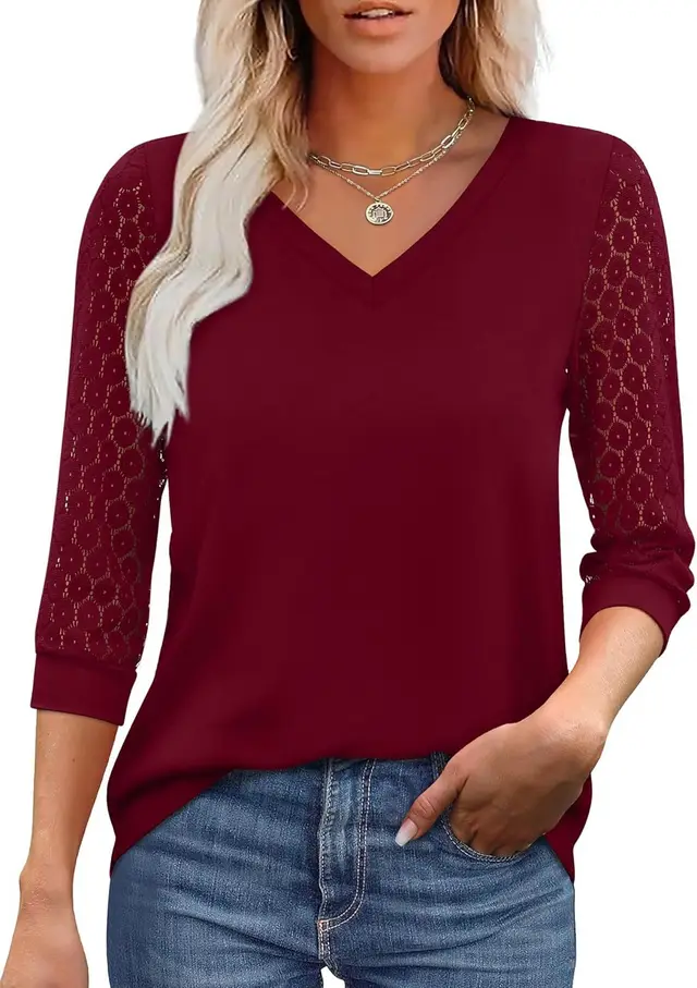 Hollow out Lace Tops Casual Loose Dark Red - Shop at LoveMi