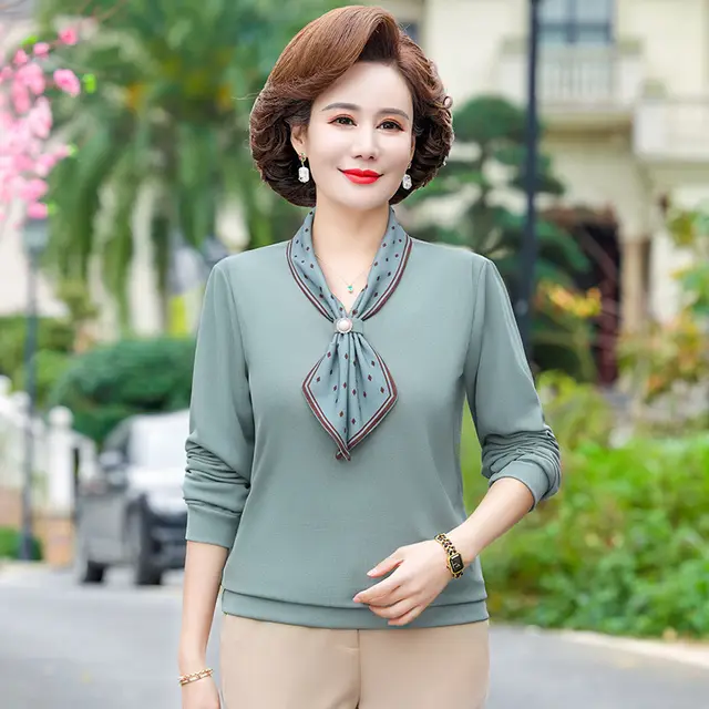 Middle aged And Elderly Women's Clothing Spring And Autumn Top Fashion Bottoming Shirt Green - Shop at LoveMi
