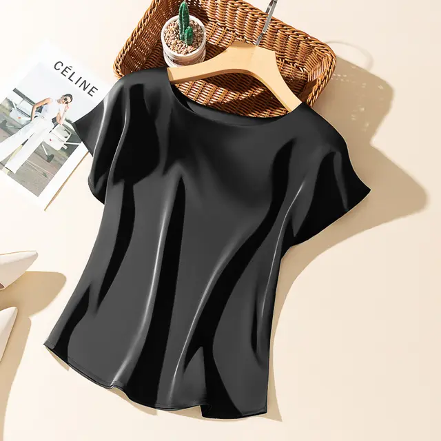Silky Acetate Satin Round Neck T shirt For Women Black - Shop at LoveMi