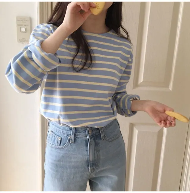 Korean Style Striped T shirt Women's Long sleeved Loose Inner Wear Bottoming Shirt Versatile Top Blue - Shop at LoveMi
