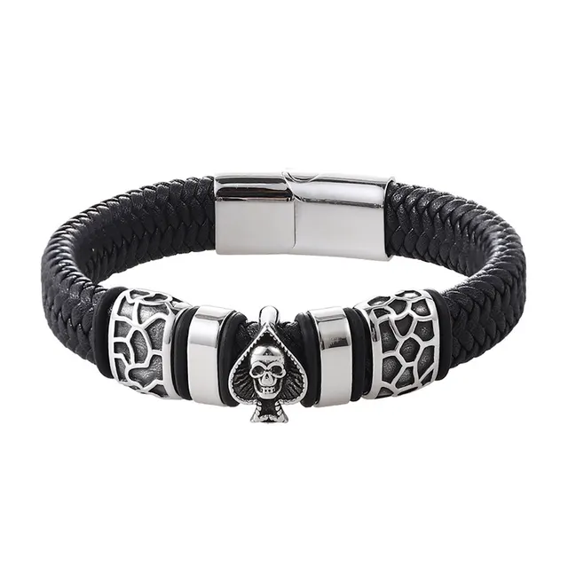 Stainless Steel Charm Men's Leather Cord Bracelet Black - Shop at LoveMi