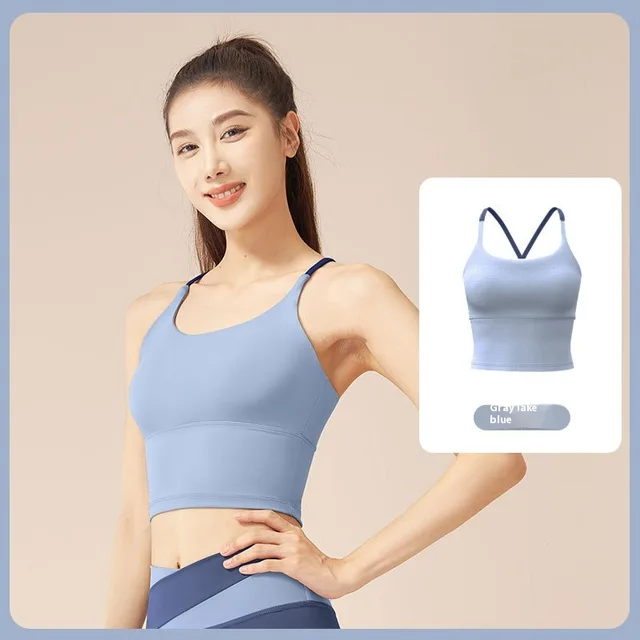 Polyester Women's Solid Color Stitching Yoga Suit Gray Lake Blue Vest - Shop at LoveMi