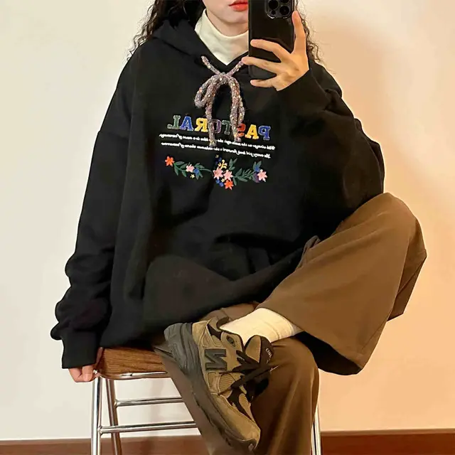 Women's Fashionable Embroidered Top With Hoodie Coat Heads Black - Shop at LoveMi