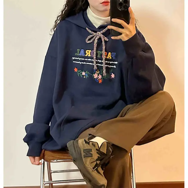 Women's Fashionable Embroidered Top With Hoodie Coat Heads Blue - Shop at LoveMi