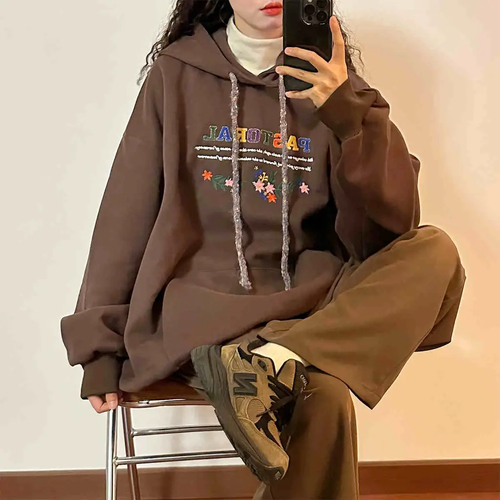 Women's Fashionable Embroidered Top With Hoodie Coat Heads - Coffee Color - View 1