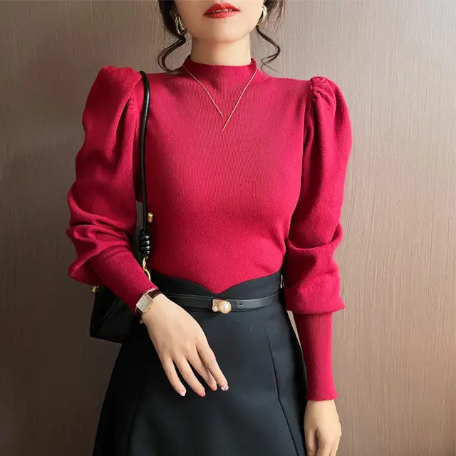 Inner Wear Loose Slimming Belly covering Top Lantern Sleeve Bottoming Sweater Red - Shop at LoveMi