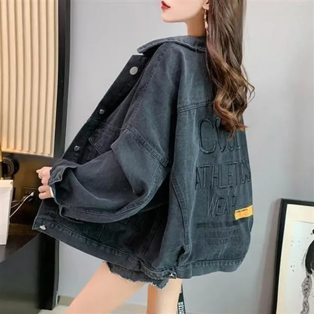 Spring And Autumn Denim Jacket Women's Embroidery Loose Korean Style All matching Western Style Black 8816 - Shop at LoveMi