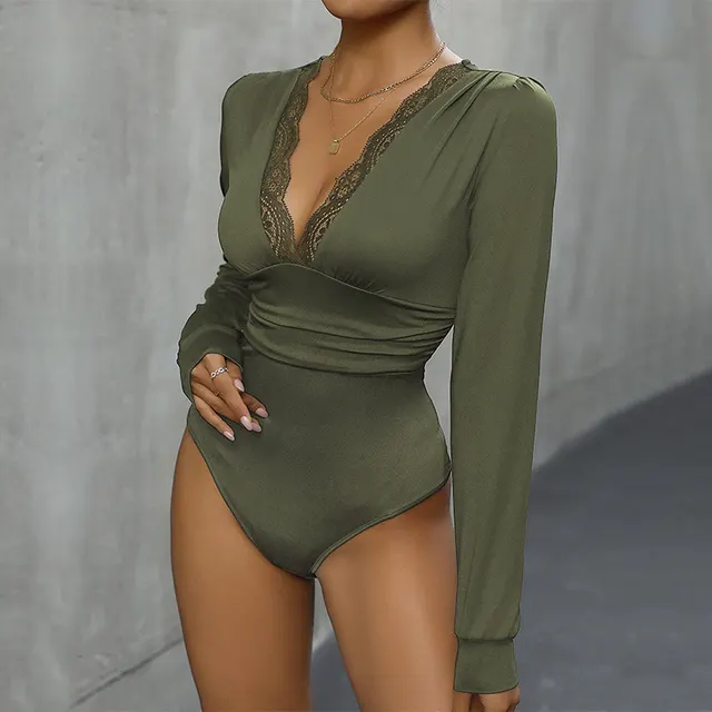 Women's Lace Stitching Solid Color Jumpsuit Army Green - Shop at LoveMi