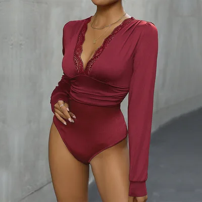 Women's Lace Stitching Solid Color Jumpsuit Wine Red - Shop at LoveMi