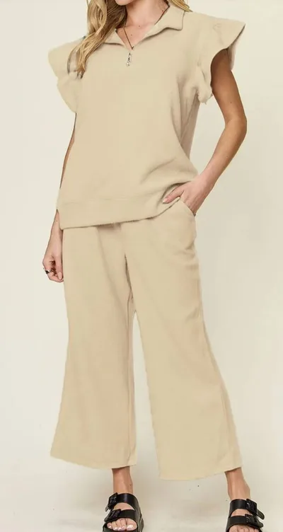 Women's Half Zip Short Sleeve Top Waist Strap Stretch Waist Pocket Shorts Beige - Shop at LoveMi