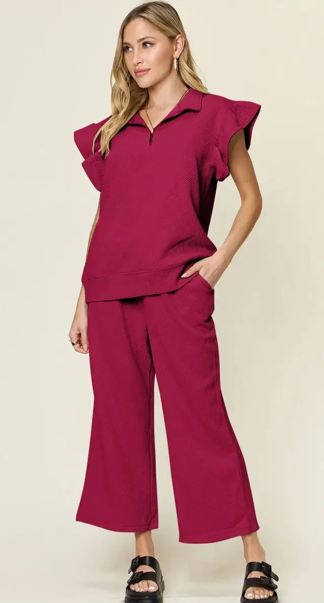 Women's Half Zip Short Sleeve Top Waist Strap Stretch Waist Pocket Shorts Dark Red - Shop at LoveMi