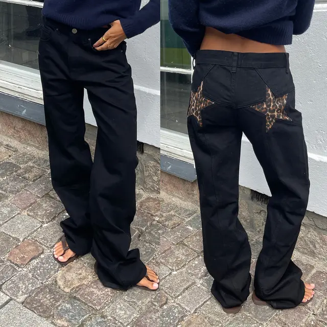 Retro Back Five pointed Star Jeans Color Contrast Patchwork Casual Pants Black Leopard Print Xingx - Shop at LoveMi