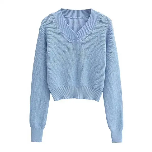 V neck Thick Needle Pullover Cropped Sweater Autumn And Winter Women Light Blue - Shop at LoveMi