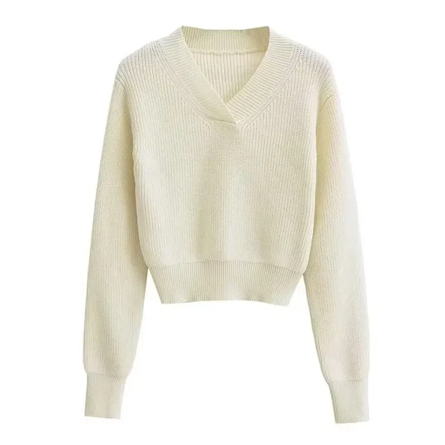 V neck Thick Needle Pullover Cropped Sweater Autumn And Winter Women White - Shop at LoveMi