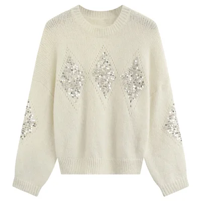 Heavy Embroidery Sequins Loose Sweater Idle Style Loose Outerwear Knitwear Beige - Shop at LoveMi