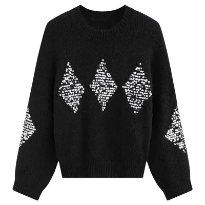 Heavy Embroidery Sequins Loose Sweater Idle Style Loose Outerwear Knitwear Black - Shop at LoveMi