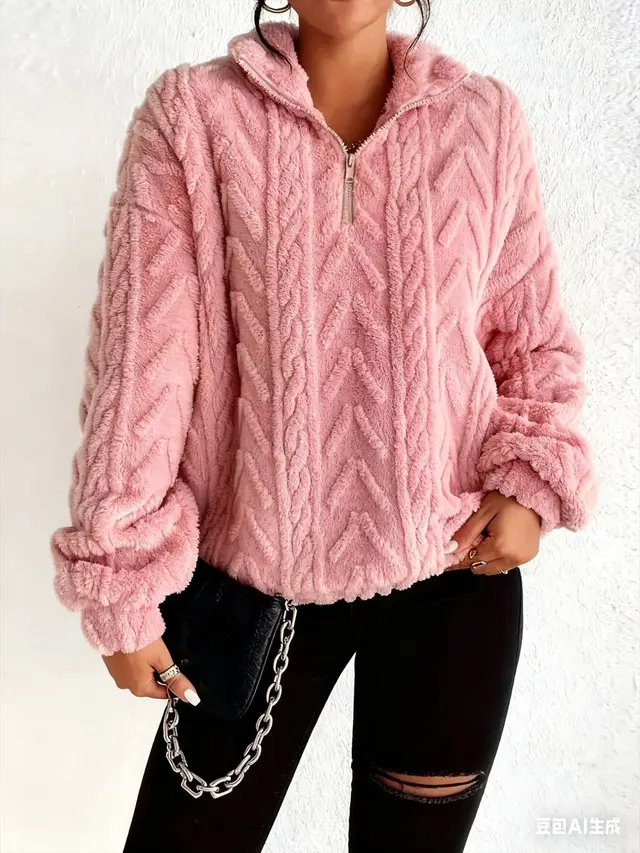 Double sided Plush Latte Art Casual Zipper Pullover Top Pink - Shop at LoveMi