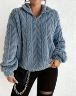 Double-sided Plush Latte Art Casual Zipper Pullover Top - Royal-Xl