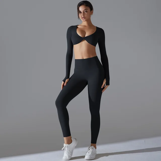 Yoga Clothes Sports Push Up Long Sleeve Workout Clothes Suit Black - Shop at LoveMi