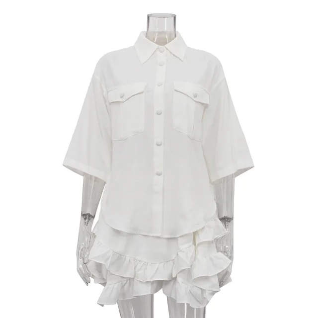 Ruffled Tiered Skirt Lapel Short sleeved Shirt Two piece Set White - Shop at LoveMi