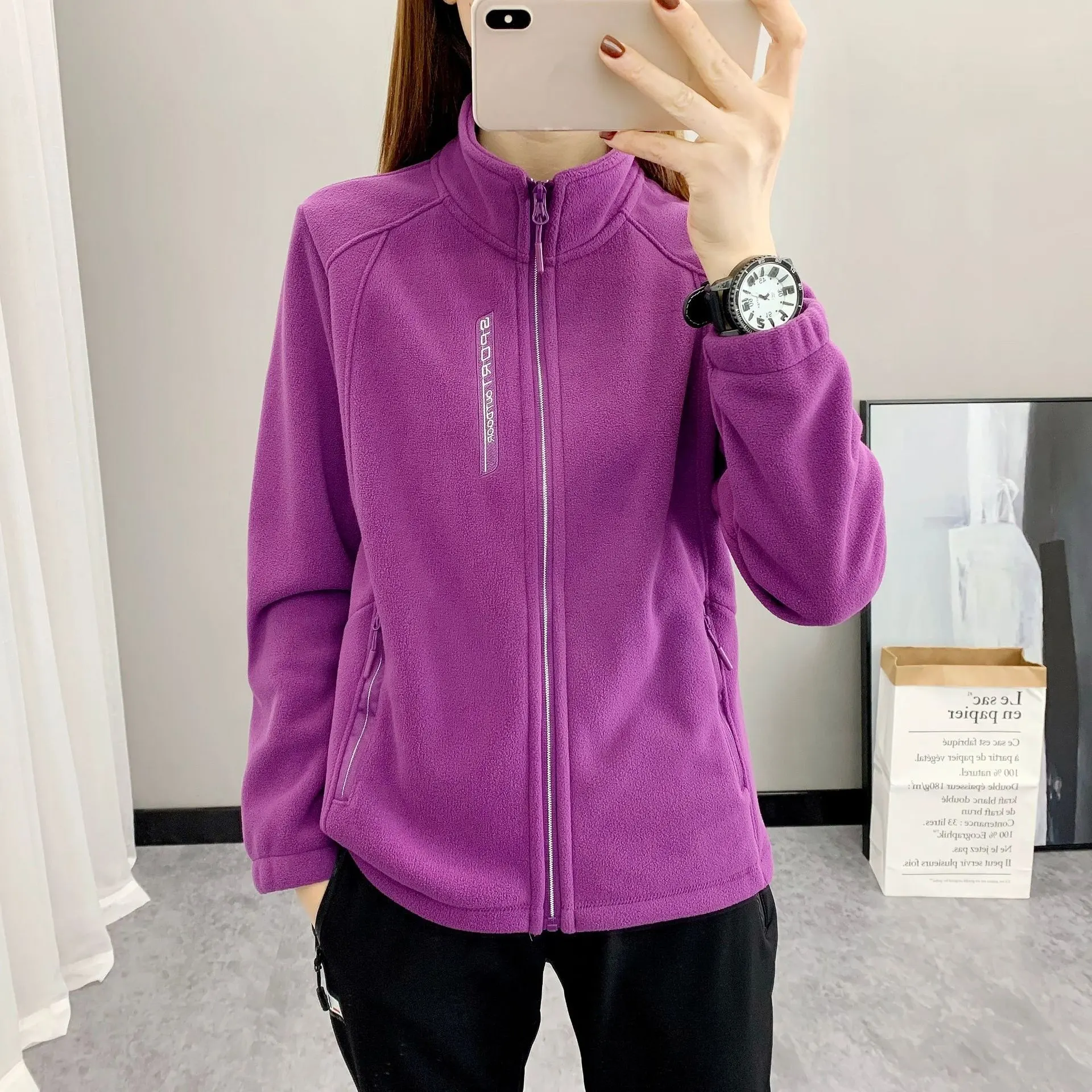 Fleece Sweater Warm Breathable Cardigan - Women Purple