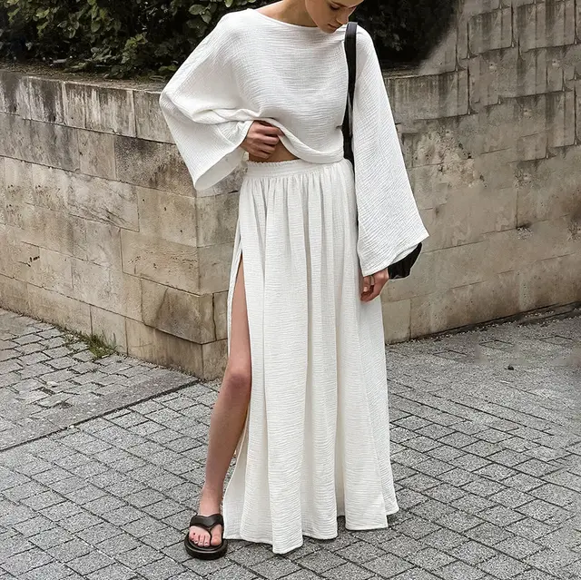 Cotton Round Neck Long Sleeves Short Top Sexy Slit Skirt Suit White - Shop at LoveMi