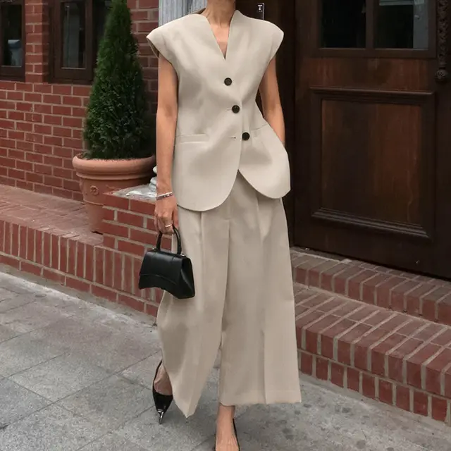 Khaki V neck Sleeveless Vest High Waist Pants Suit Khaki - Shop at LoveMi