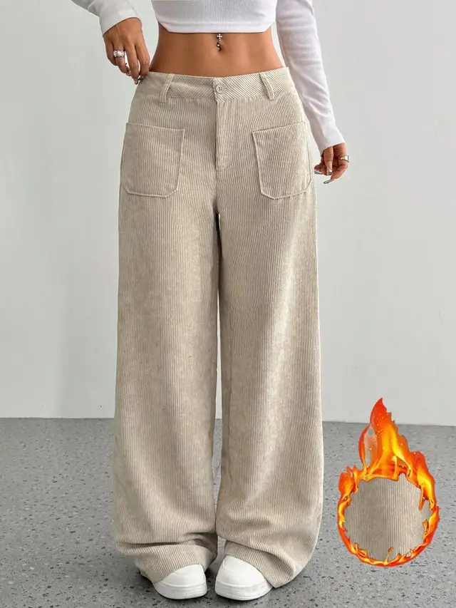 Loose Solid Color Pocket Mop Wide Leg Pants Apricot - Shop at LoveMi