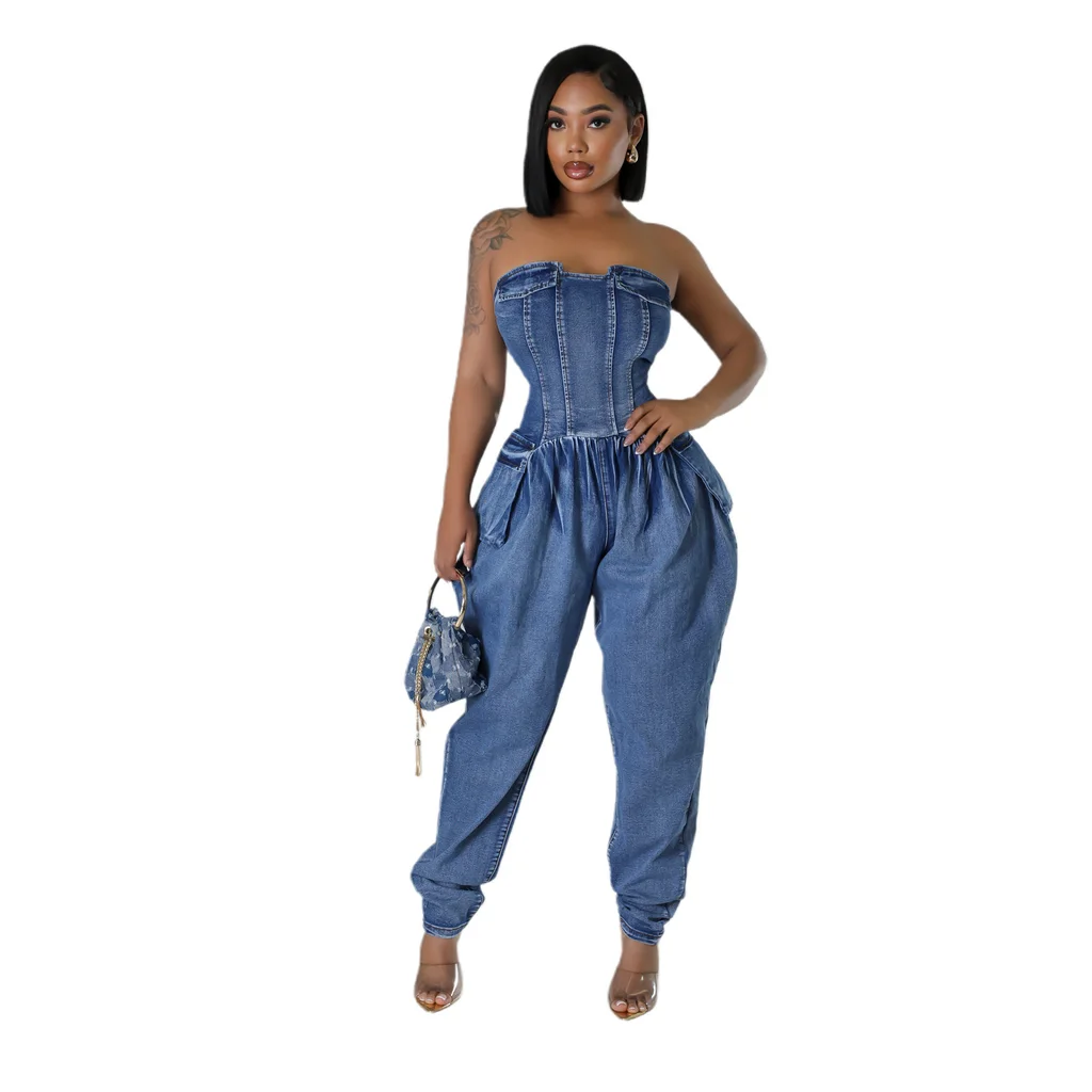 Women's Tube Top High Elastic Fashion Denim Jumpsuit - Dark Blue